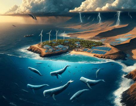 DALLE 2024 04 16 17.26.34 A panoramic header image for a webpage depicting the Canary Islands with a strong emphasis on sperm whales and climate change themes. The composition 1 1 1